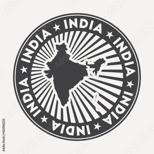 India round logo. Vintage travel badge with the circular name and map of country, vector illustration. Can be used as insignia, logotype, label, sticker or badge of India.