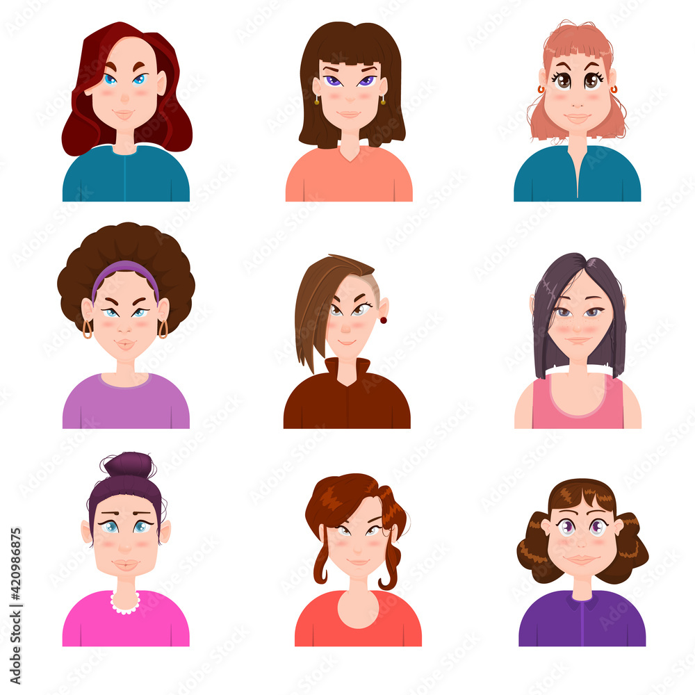 Set of cute flat women avatars with different hairstyles Set of cute flat women avatars with different hairstyles
