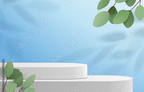 Abstract minimal scene with geometric forms. cylinder podium in blue background with leaves. product presentation, mock up, show cosmetic product, Podium, stage pedestal or platform. 3d vector
