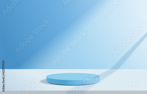Abstract minimal scene with geometric forms. cylinder podium in blue background. product presentation, mock up, show cosmetic product, Podium, stage pedestal or platform. 3d vector