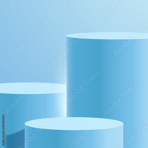 Abstract minimal scene with geometric forms. cylinder podium in blue background with leaves. product presentation, mock up, show cosmetic product, Podium, stage pedestal or platform. 3d vector