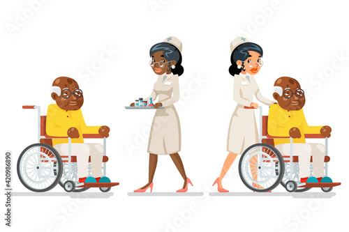 African afro american european doctor attendant nurse elderly carries medicine caring wheelchair old man character sit adult cartoon design vector illustration