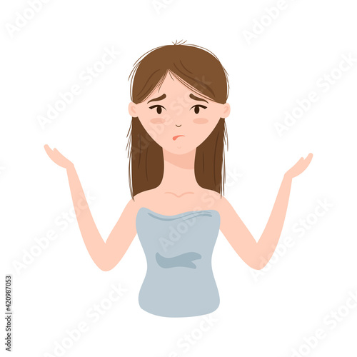 Sad Young woman with disheveled Hair with split ends. Damaged, dry hair. Vector illustration isolated on white.
