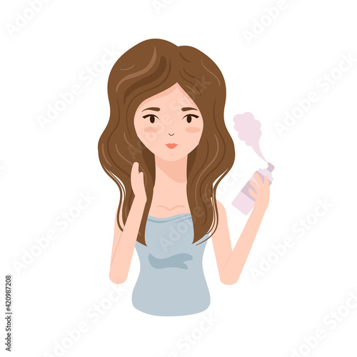 Young woman with shiny hair, hair fixation spray. Vector illustration isolated on white background.

