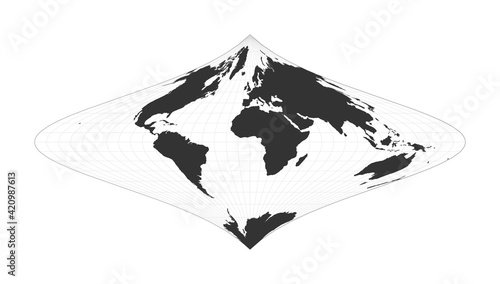 Map of the World. Foucault's stereographic equivalent projection. Globe with latitude and longitude net. World map on meridians and parallels background. Vector illustration.