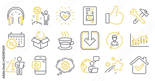 Set of Business icons, such as Headphones, Discount, Coffee cup symbols. Vector