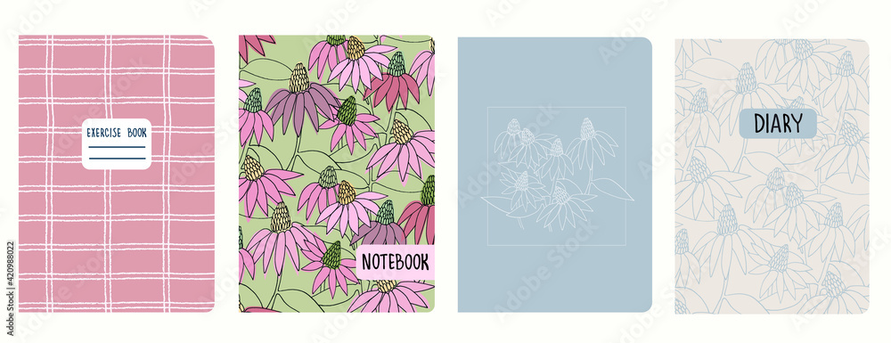 Cover page vector templates with Echinacea flowers, grid pattern. Headers isolated and replaceable