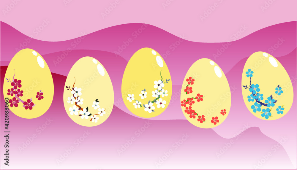 Five yellow Easter eggs with a floral pattern