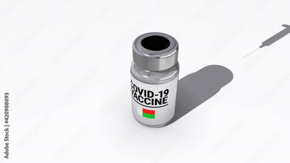 Seamless looping 3D animation of the covid-19 vaccine injection of a bottle with the flag of Madagascar in 4K resolution Seamless looping 3D animation of the covid-19 vaccine injection of a bottle with the flag of Madagascar in 4K resolution