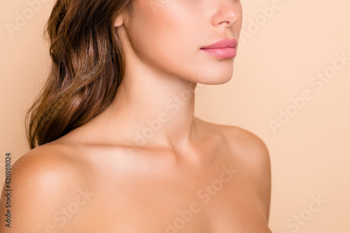 Cropped photo of nice long hairdo optimistic lady without clothes isolated on pastel beige color background