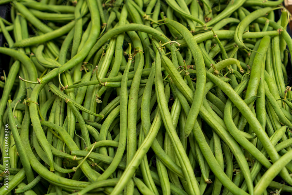 Close-up green beans in a spanish food market Close-up green beans in a spanish food market