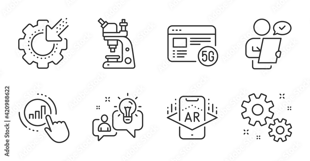5g internet, Seo gear and Idea icons set. Graph chart, Customer survey and Work signs. Vector