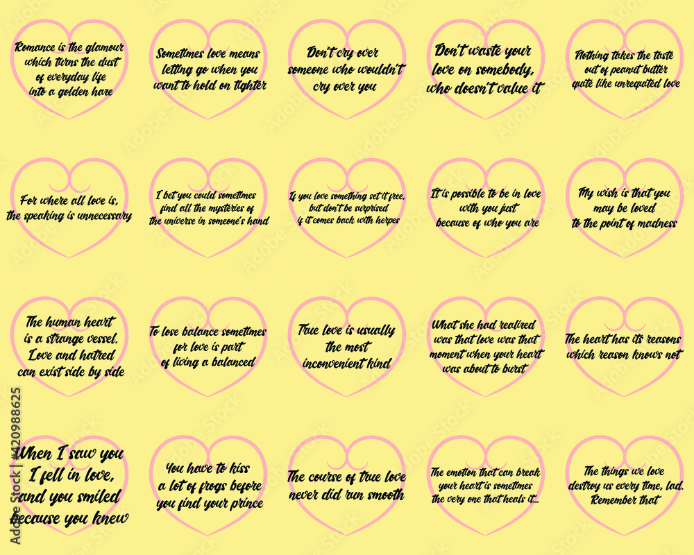 Set of Calligraphy saying for print. Love and romantic Quotes with hearts for Valentine's day. Ready to post in social media, brochure, magazine.
Set of Calligraphy saying for print. Love and romantic Quotes with hearts for Valentine's day. Ready to post in social media, brochure, magazine.