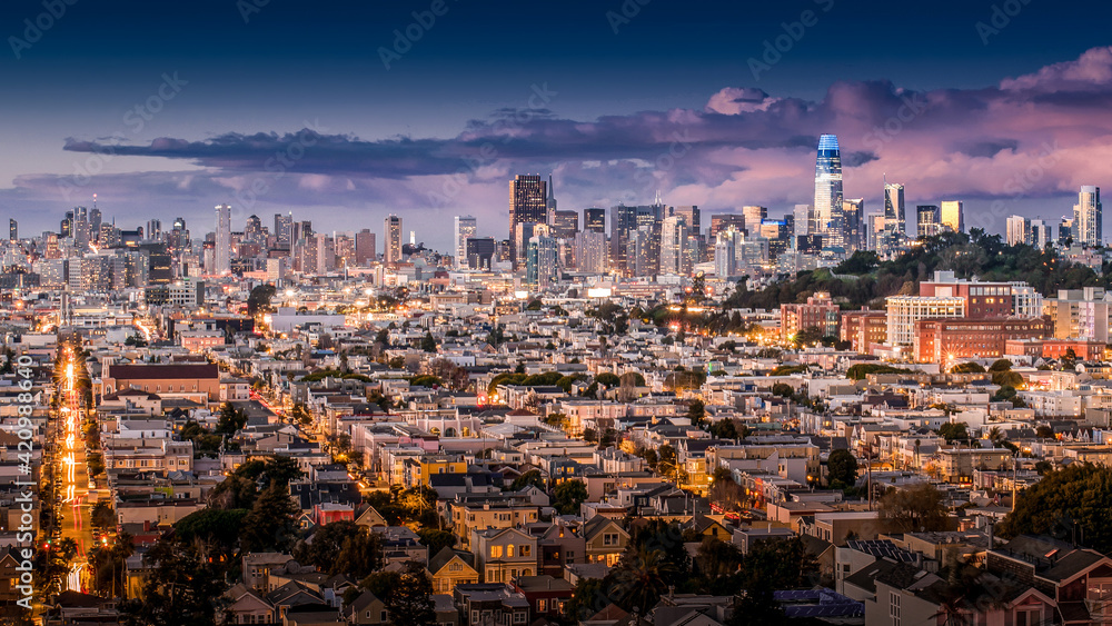 San Francisco Downtown Panorama. San Francisco's Financial District as seen from Bernal Heights Park.