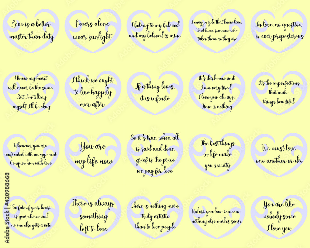 Set of Calligraphy saying for print. Love and romantic Quotes with hearts for Valentine's day. Ready to post in social media, brochure, magazine.
Set of Calligraphy saying for print. Love and romantic Quotes with hearts for Valentine's day. Ready to post in social media, brochure, magazine.