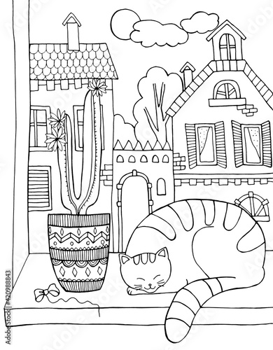 Cat sleeping on the windowsill, with a cactus, against the background of houses. Coloring book for adults and children