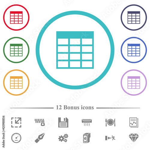 Spreadsheet table flat color icons in circle shape outlines