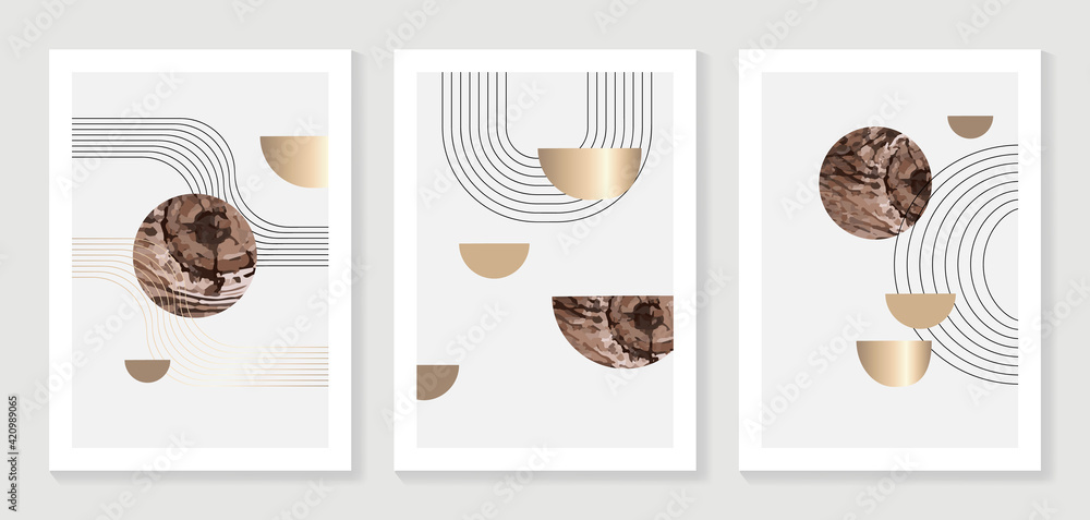 Minimal and Gold abstract wall arts vector collection.  Soft earth tones color, Organic shape hand draw arts brush design for wall framed prints, canvas prints, poster, home decor, cover, wallpaper. V