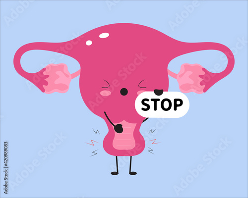 Cute uterus feeling pain with stop sign. Vaginismus concept.