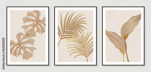 Botanical wall art vector set. Golden foliage line art drawing with watercolor.  Abstract Plant Art design for wall framed prints, canvas prints, poster, home decor, cover, wallpaper.