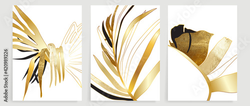 Botanical wall art vector set. Golden foliage line art drawing with watercolor.  Abstract Plant Art design for wall framed prints, canvas prints, poster, home decor, cover, wallpaper.