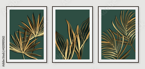 Botanical wall art vector set. Golden foliage line art drawing with watercolor.  Abstract Plant Art design for wall framed prints, canvas prints, poster, home decor, cover, wallpaper.
