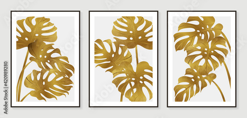 Botanical wall art vector set. Golden foliage line art drawing with watercolor.  Abstract Plant Art design for wall framed prints, canvas prints, poster, home decor, cover, wallpaper.
