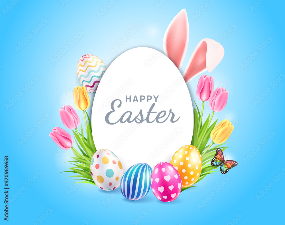 Happy easter day easter eggs colorful different and patterns texture  and rabbit ears with tulips flower and butterfly on blue color background. Vector illustrations..