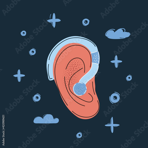 Vector illustration of Ear icon. Hearing aid symbol isolated on dark background