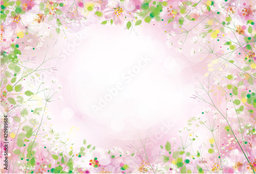 Vector pink,  floral, bokeh background. Beutiful floral frame, flowers and plants.