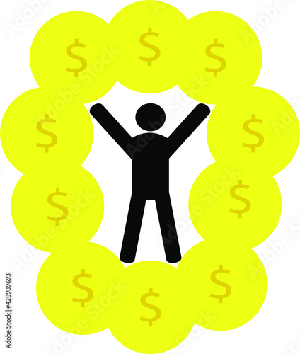 Man boy person with his hands up black silhouette in gold golden money circle sigh vector icon