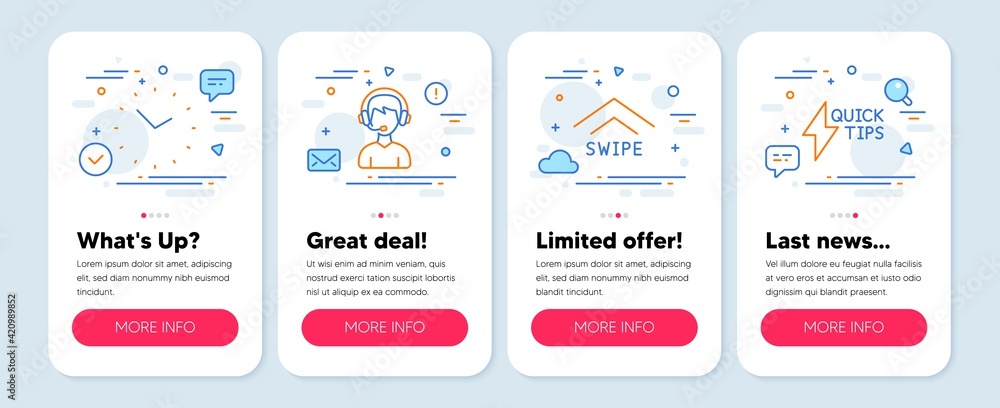 Set of Technology icons, such as Consultant, Swipe up, Time symbols. Quickstart guide line icons. Vector
