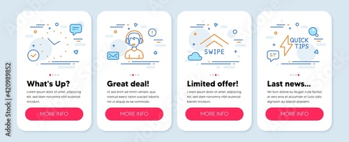 Set of Technology icons, such as Consultant, Swipe up, Time symbols. Quickstart guide line icons. Vector