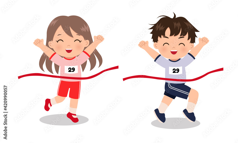 Cute girl and boy winning first place in running race competition. Flat  vector design cartoon isolated Stock Vector | Adobe Stock