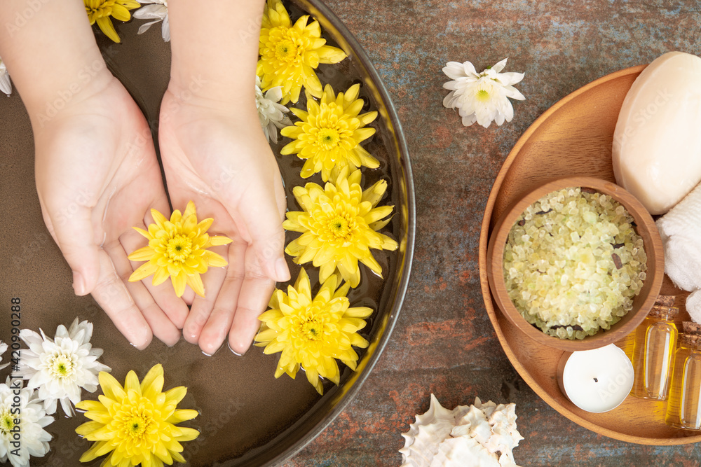 Female hands and bowl of spa water with flowers, close up. Hands Spa.Manicure concept. Female hands and bowl of spa water with flowers, close up. Hands Spa.Manicure concept.