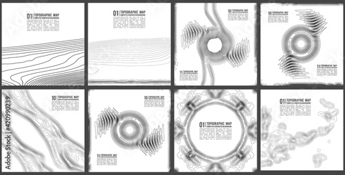 Elevation graphic contour height lines. Topographic pattern texture. Map on land vector terrain. Elevation graphic contour height lines. Vector Set.