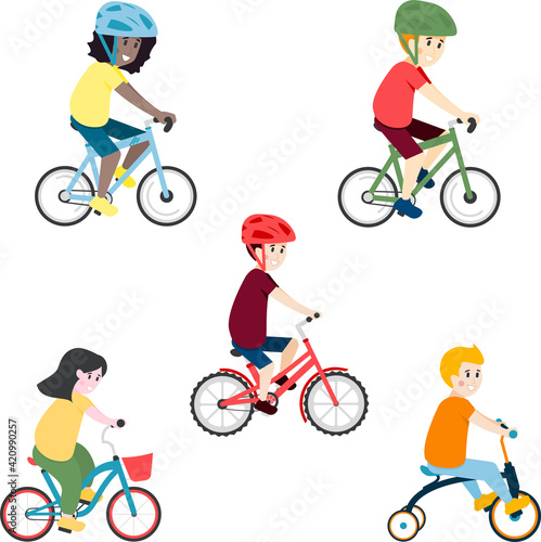 Leisure. A crowd of happy people. There are many active kids riding bicycles. Leisure activities on weekends. Vector color illustration in flat design.