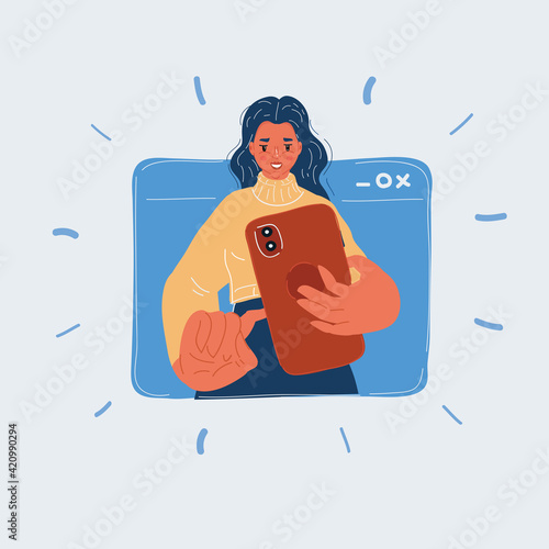 Vector illustration of Concept of on-line video chat app, internet talk, call technology. Video player window with speaking woman and messages. Woman use phone