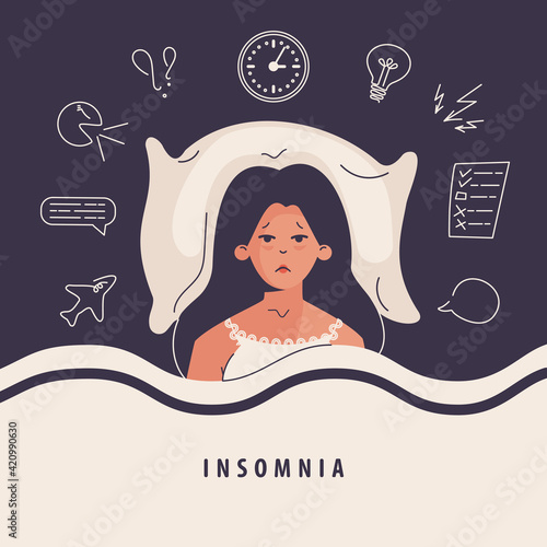 Insomnia woman. Girl lying in bed, trying to fall asleep in room with clock. Female character suffers from insomnia. Sleep disorder, sleeplessness concept. Vector illustration in flat cartoon design