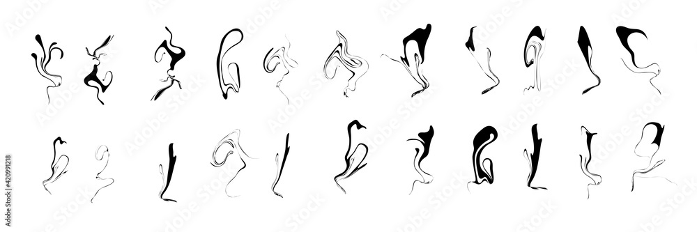 Black random abstract shapes of curved lines. Space distortion optical illusion, Dynamic fluid lines vector elements. Black random abstract shapes of curved lines. Space distortion optical illusion, Dynamic fluid lines vector elements.
