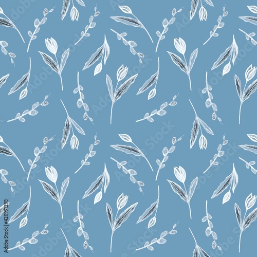 Black and white pattern with pussy-willows and tulips. Designed for textile fabrics  wrapping paper background cover prints.