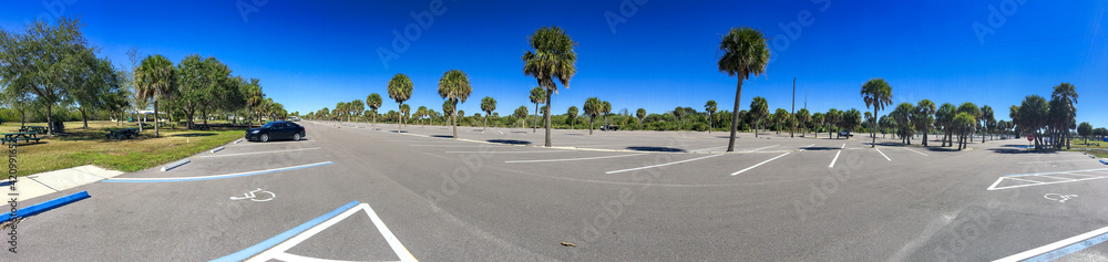 Almost empty huge car parking along a park with palms - Panoramic view