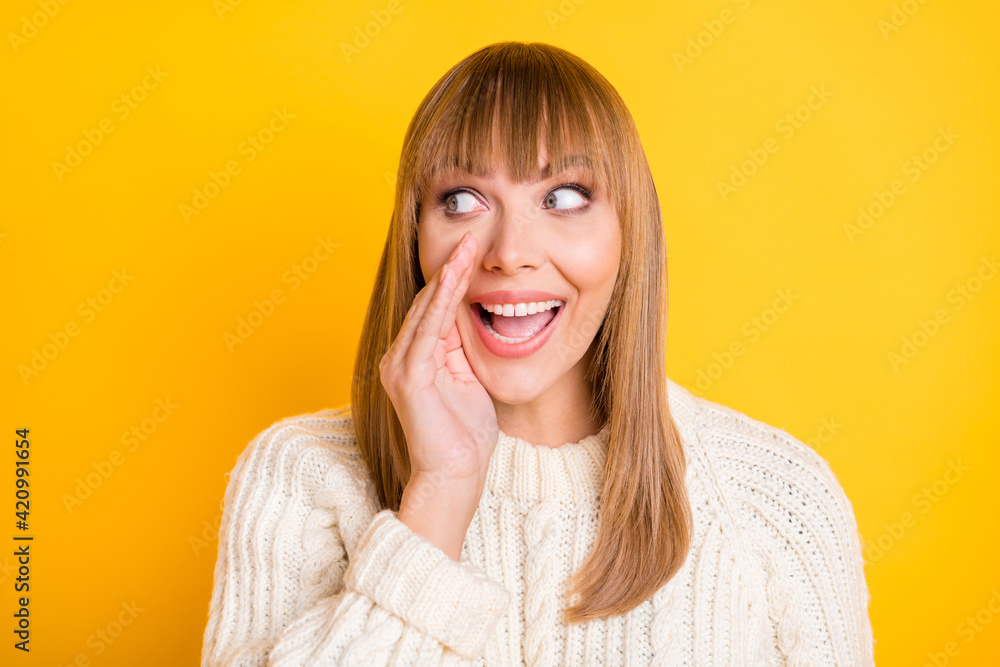 Photo of funky person arm near open mouth scream look empty space isolate don yellow color background Photo of funky person arm near open mouth scream look empty space isolate don yellow color background