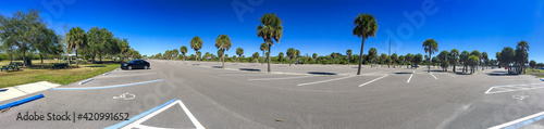 Almost empty huge car parking along a park with palms - Panoramic view © jovannig