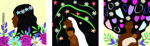 Templates with dark skin female faces with a baby. For banner, cards, advertisements. Vector templates.