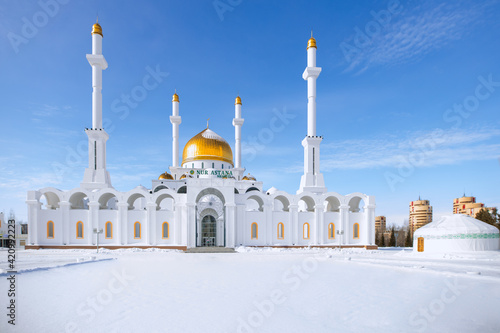 The Nur-Astana Mosque in Nur-Sultan, the capital of Kazakhstan. Winter time.