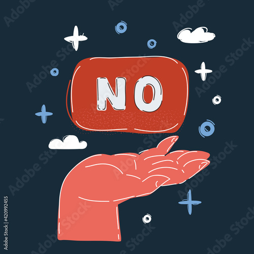 Vector illustration of No answer choice human hand holding placard with no sign on dark background.