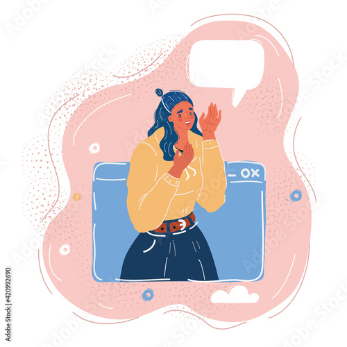 Vector illustration of Concept of on-line video chat app, internet talk, call technology. Video player window with speaking woman and messages.