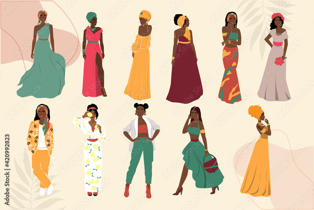 Beautiful abstract collection of African American woman. Vector illustration isolated. Portrait of girls for avatars