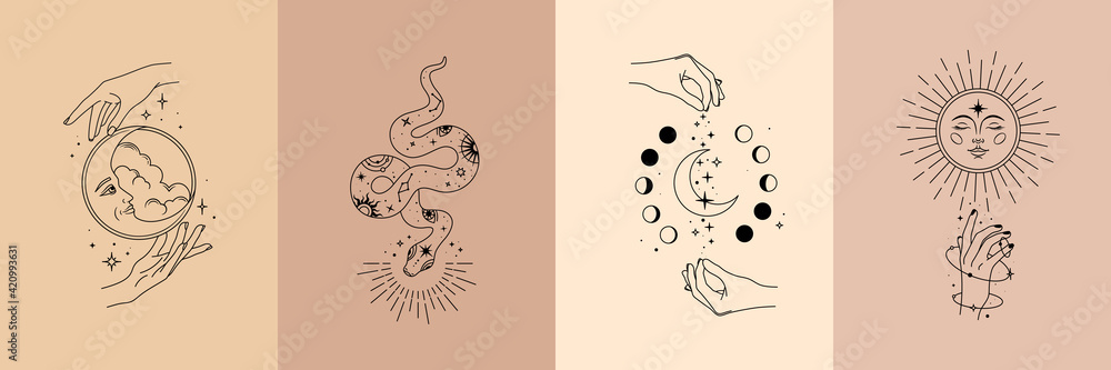 Vector poster set of mystical magic objects- woman hands, moon, sun, stars, planets, snake. Trendy minimal style, line art. Spiritual occultism objects. - obrazy, fototapety, plakaty 